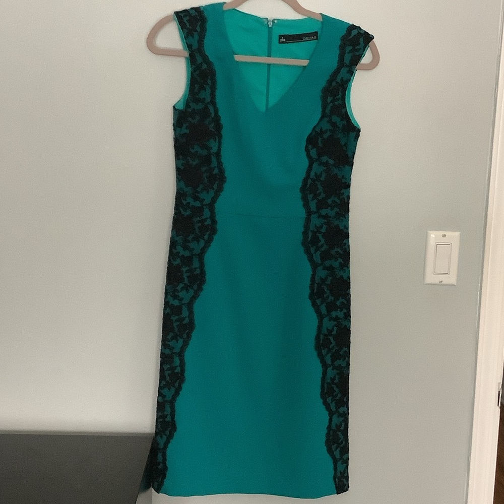 Chetta B Teal Dress with Black Lace Accents